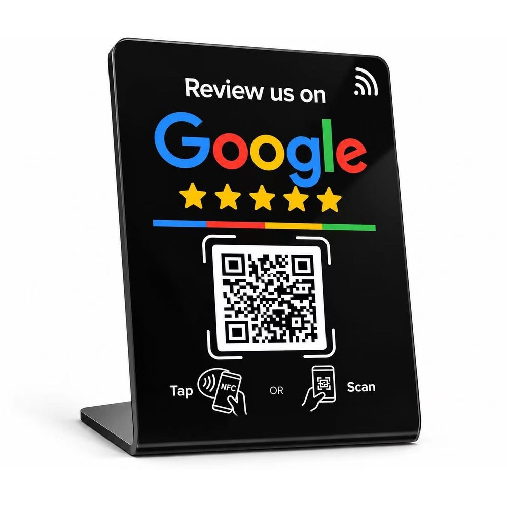 Black review stand: Review us on Google, tap or scan