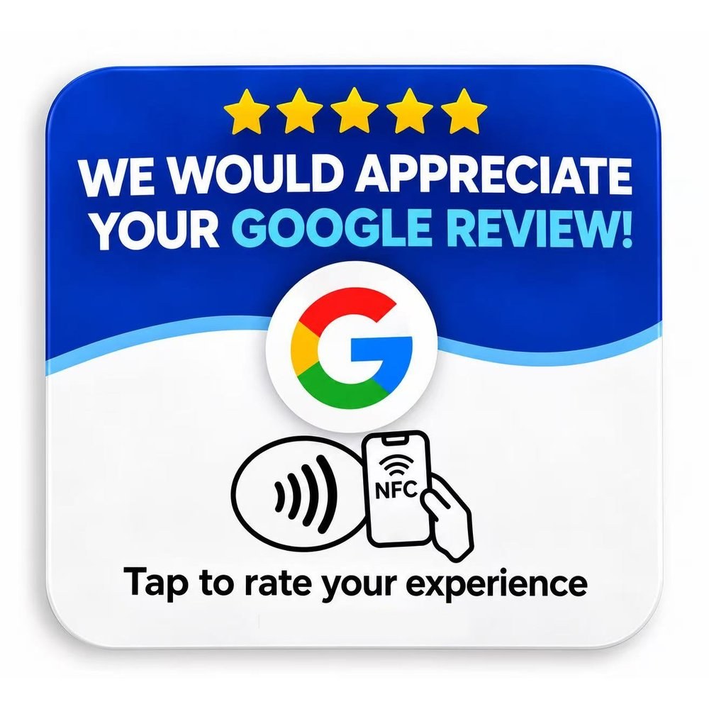 White and blue review sticker: We would appreciate your Google review
